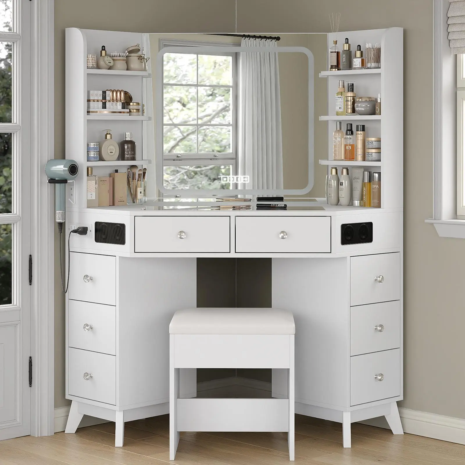 FUSOU Music Corner Vanity Desk with Bluetooth Speaker, [Shipping by 2 Packages] ,Vanity with Mirror and Lights, Modern Makeup Vanity with Glass Top,  8 Drawers & 6 Shelves, 3 Color Lighting Modes, Dressing Table with Chair for Bedroom, White,SummerVibe