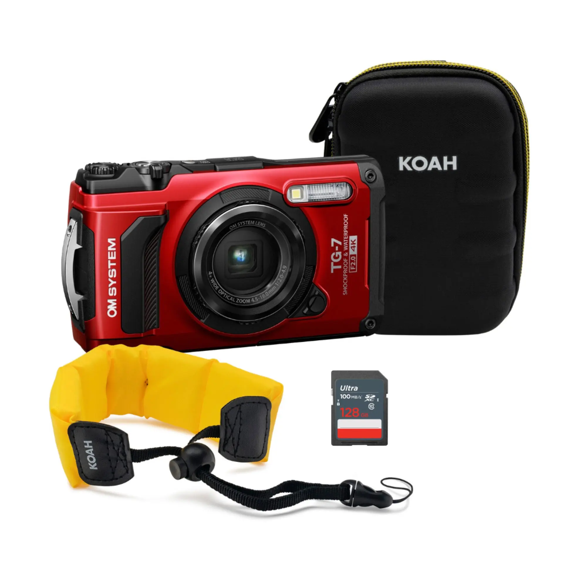 OM SYSTEM Tough TG-7 IPX8 Waterproof Compact Digital Point & Shoot Camera (Red) Bundle with 128GB SDXC UHS-I 100MB/s Memory Card, Adjustable Strap, Portable Case, f2.0 Lens, 12 Mega Pixels Variable Macro, Hi-Speed Sensor, USB Type-C