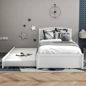 Topwin Solid Wood Twin Daybed with Trundle, Twin Size Pull Out Bed with Pop-Up Trundle and Slat Support