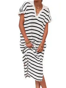 Womens Striped Summer Dresses Short Sleeve V Neck Knit Collared Sexy Slit Loose Maxi Sweater Dress