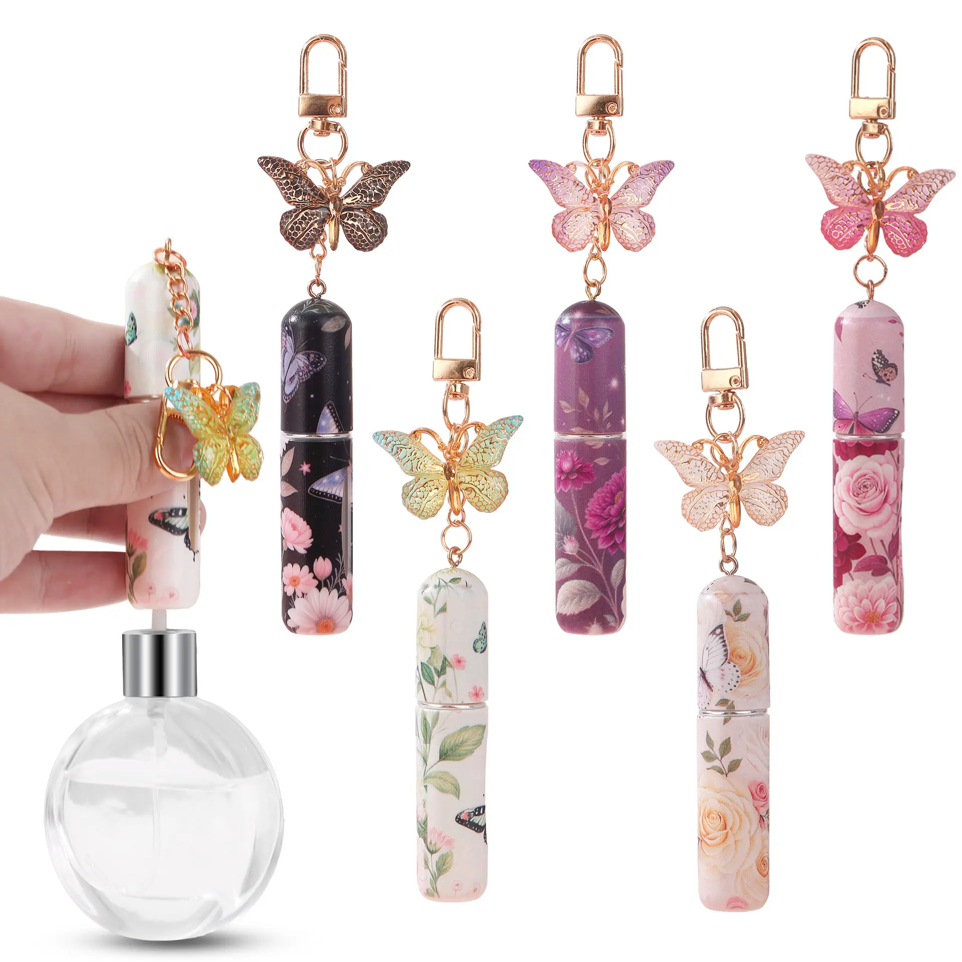 5Pcs butterfly perfume refillable bottles with girly style. 5ML bottom filling design, can be used as keychain and bag charm. Portable travel size for easy fragrance refill, delicate and stylish for daily use. Plastic Travel Bottle Travel Container Bottle