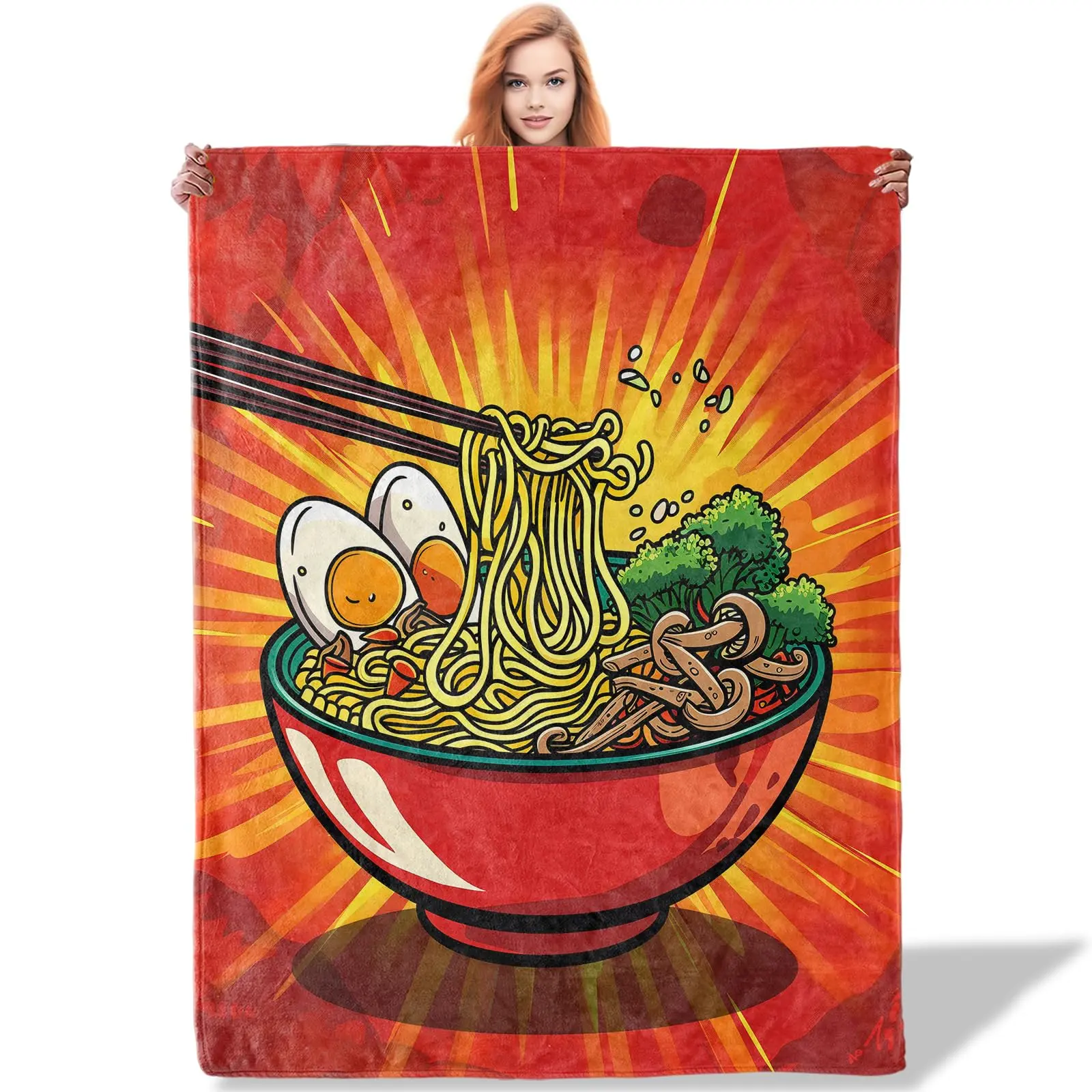 Ramen Throw Blanket 60×80In（203Cm×152Cm）), Vibrant Noodle Bowl Explosion Food-Themed Blanket for Reading, Television, Video Games, Studying, Durable