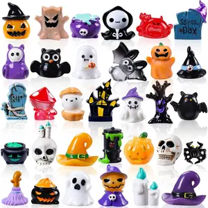 32pcs Halloween Mini Resin Figures 32 Styles Tiny Resin Animals Little Small Figures to Hide Pumpkin Ghost Skull Miniatures Bulk for Halloween Party Favors Bag Fillers Garden Dollhouse Decor