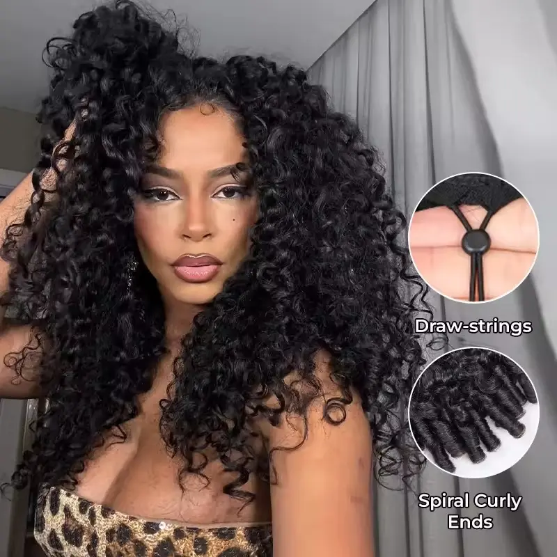 Half Wig Human Hair Burmese Curly Glueless Wig Human Hair Ready to Wear Kinky Curly 3 IN 1 Half Wig With Drawstring 180% Curly Half Wig