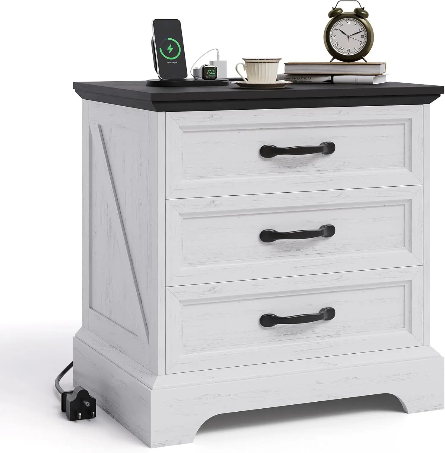 Modern Farmhouse Wood Nightstand with Charging Station & 3 Large Drawers, 24 Inch Wide Rustic Bedside Table & End Table with Storage Bedside Cabinet for Bedroom Living Room Small Space White
