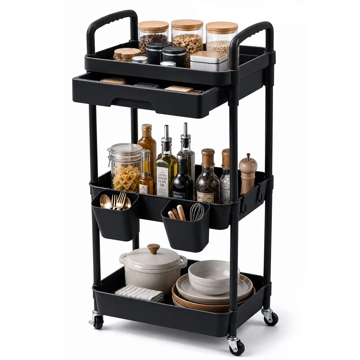 3-Tier Rectangular Plastic Composite Utility Cart with Metal Frame, Layer Storage, Pull-Out Drawer, Hanging Cups, Narrow-Fit Wheels - Holder Organizer Racks for Kitchen, Office (Pink/Black)