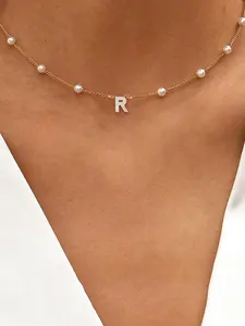 Elegant Letter Detail Faux Pearls Decor Pendant Necklace for Gift, Stainless Steel Casual Matching Necklace Jewelry, Classic Fashion Accessories for Daily Wear, Dainty Initial Necklaces