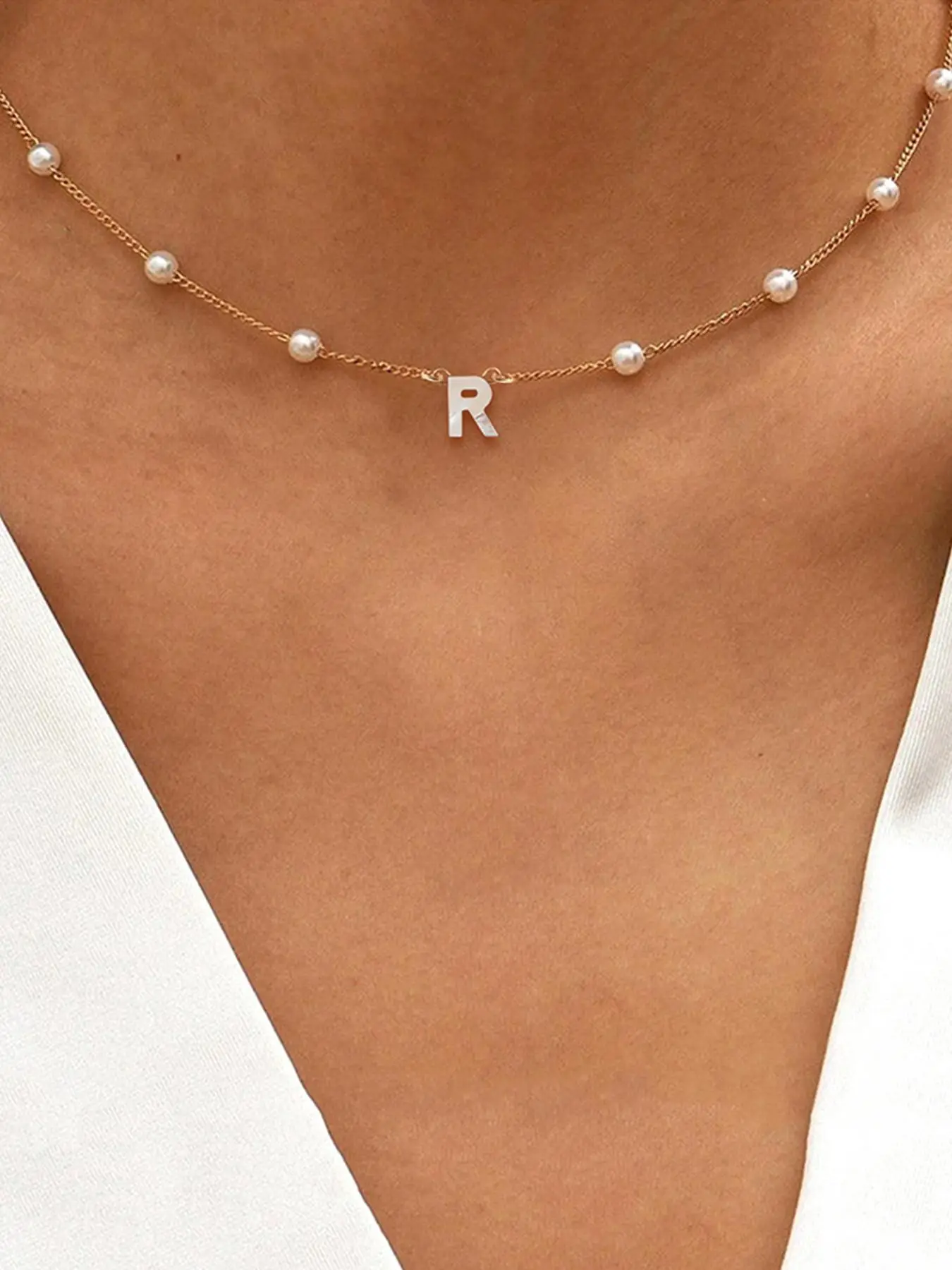 Fall Letter Detail Faux Pearl Necklace for Gift , Stainless Steel Personalized Initial Necklace Casual Matching Necklaces for Women, Designer Back To