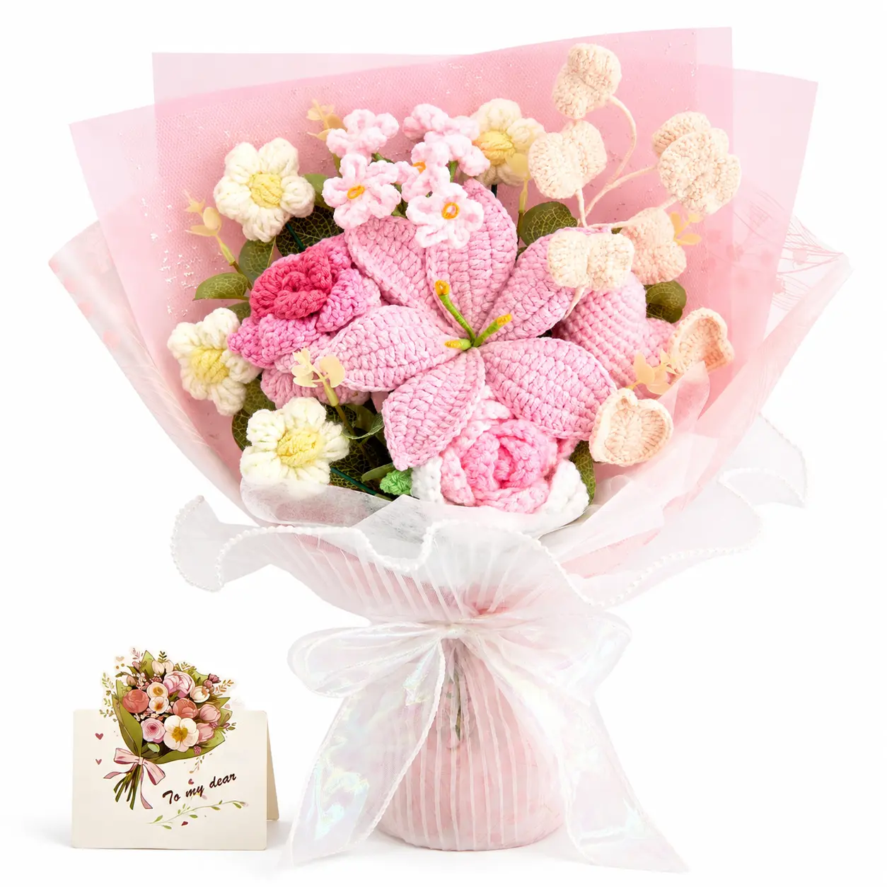 YShomy Handmade Crochet Flowers Bouquet Back to School Gift Teacher Gift with Crochet Apple Leaf Pink Lily Artificial Flower Bouquet Student Gift for Girlfriend Birthday Home Decor Forever Flowers Greeting Card US Fast Shipping