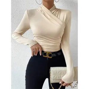 Cross-Over Collar Pleated Cinched T-Shirt