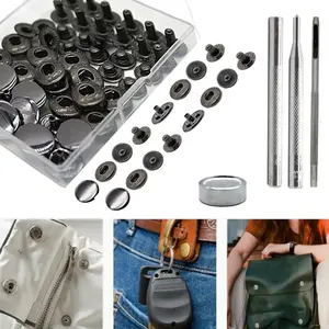 12 Set Leather Snap Fasteners Kit, 15mm Metal Snap Buttons Kit Press Studs with 4 Install Tools, Rivets and Snaps for Clothing, Jeans, Jackets, Bracelets, Bags (Black)
