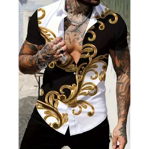 Breathable Polyester Men's Casual 3D Printed Button-Up Shirt - Machine Washable, Perfect for Summer Outings