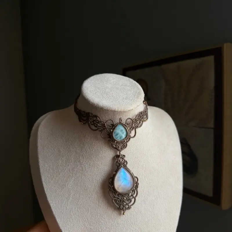 Handmade macrame necklace with Larimar & moonstone
