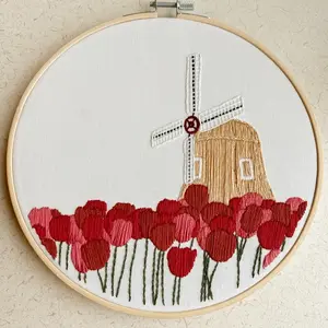 Pella Tulips Landscape 8” Embroidery Hoop DIY Kit - Red/Pink