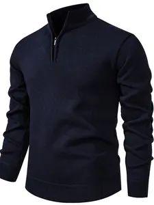 Men's Fall Winter New Half-Zip Stand Collar Fleece Lined Sweater, Winter Warm Pullover, Youth Trend Casual Solid Color Knit Top, Comfortable Versatile Menswear, Long Sleeve, Navy Blue