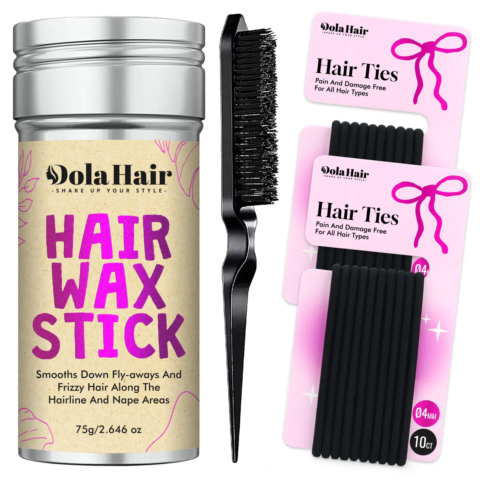 Dolahair Hair Wax Stick Kit with Ouchless Elastic Hair Ties & Comb Rubber Bands for Pain-Free Styling Hair Accessories Slick Back Hairstyles Braids Ponytails Buns,back to school