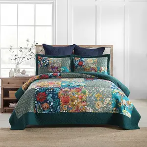 Cotton Bedspread Sets Reversible Bedding Coverlet Sets Comforter, Vintage Floral Patchwork Turquoise Bedspread, Queen Size
