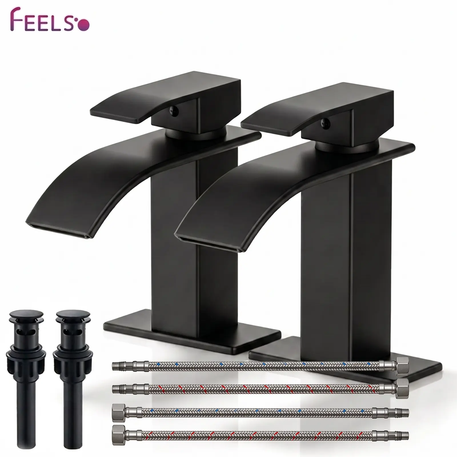 FEELSO 1/2-Pack Matte Black Stainless Steel Bathroom Basin Faucet with Wide Spout Waterfall, Anti-Fingerprint Coating, Pop-Up Drain, Splash-Free Design, 1/3-Hole Fit, Leak-Proof, Easy-Install for Indoor & RV