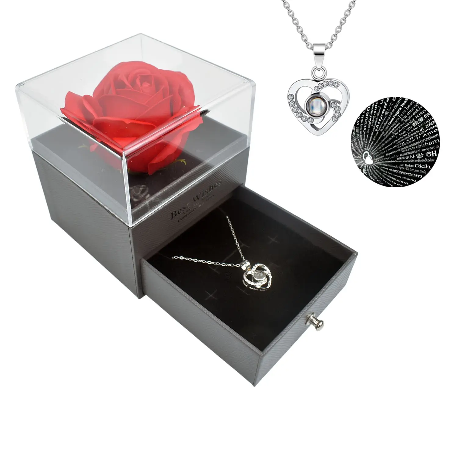 Rose Flower Gift Box, Artificial Soap Flower Decor with I Love You Projection Pendant, Heart Shaped Necklace, Valentine's Day Mother's Day Birthday Gift, Exquisite Jewelry Gift