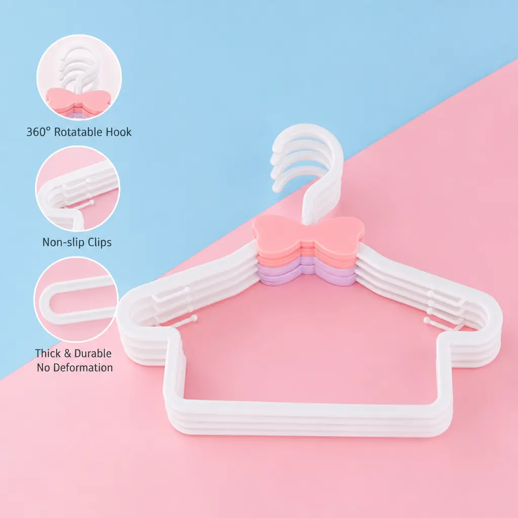 High-Toughness Premium Plastic Children's Clothes Hanger with Playful Bow Accent - 1 Count, 360-Degree Rotatable Hook, Non-Slip Structure, for Home Wardrobe Hanging, Laundry Organization, Home Supplies Organiser