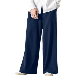 Kissonic Mens Casual Linen Pants Elastic Waist Drawstring Baggy Pants Cotton Wide Leg Yoga Beach Trousers
