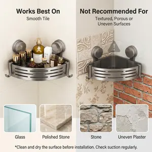 2-Tier Suction Cup Corner Shower Caddy with Towel Bar & Hooks – No-Drill Bathroom Organizer, Removable ABS Shower Shelves, Gunmetal Gray