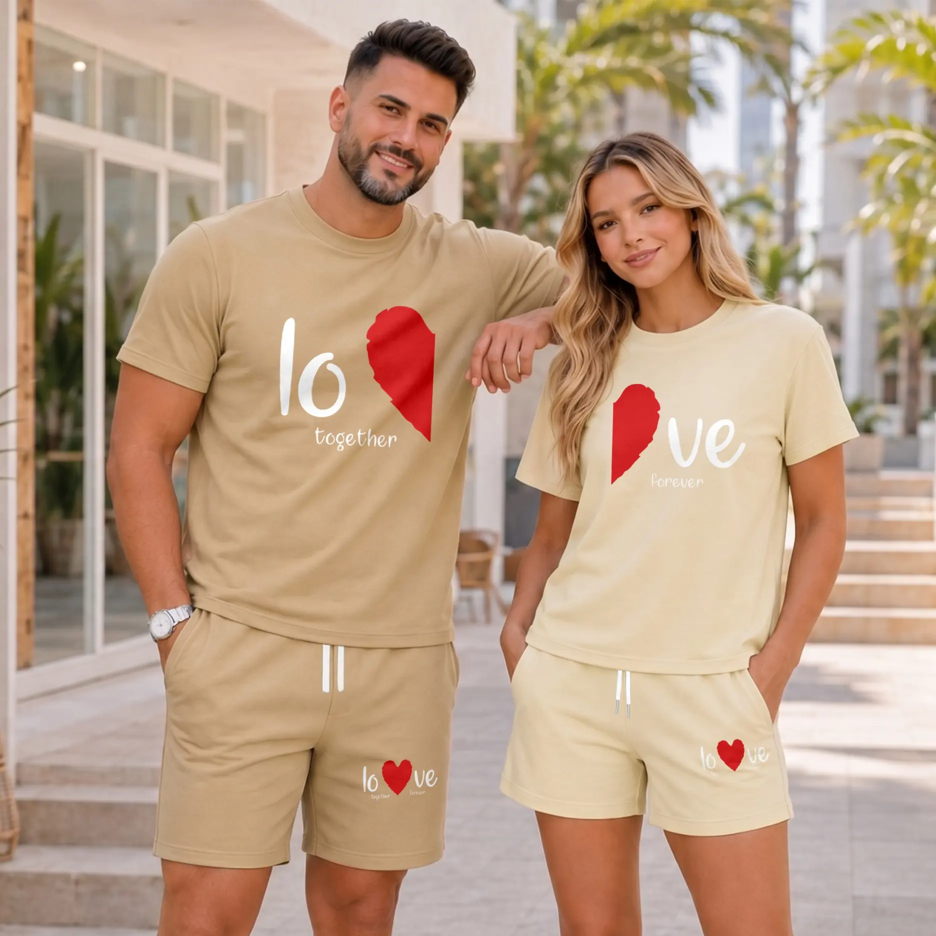 Couples’ Love Heart Graphic Short Sleeve T-Shirt and Shorts Set, Casual Summer Matching Two-Piece Outfit with Crew Neck Tops and Drawstring Shorts for Daily Wear