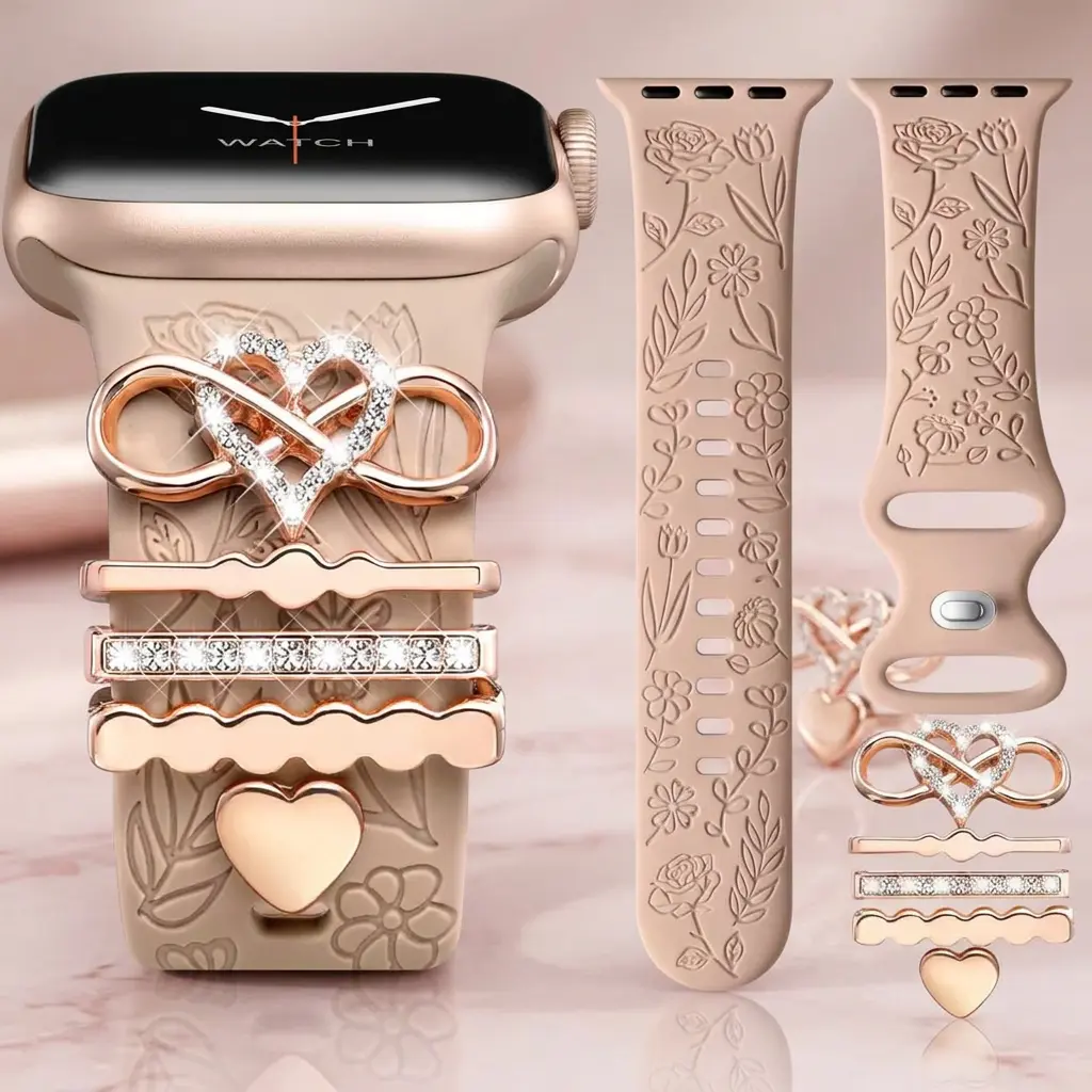 BROULIT Women's Personalized Floral Silicone Smart Watch Band with Engraved Flower Sport Strap & Charm Rings, Soft Adjustable Wearable Accessory for Fitness, Cute Accessories for Smart Watches