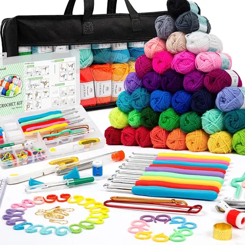 Inscraft Complete Crochet Supplies Kit for Beginners - 113-Piece DIY Kit with 40 Bright Colors, 1600yd Bright & Lustrous Yarn for Crochet, 73pcs Accessories (Ergonomic Hooks, Knitting Needles, Punch Needle) for Crafts Makers