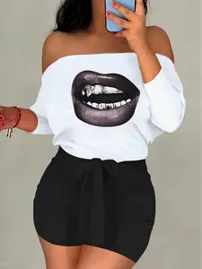 Women's Lip Print Off Shoulder Long Sleeve Crop Top & Skinny Shorts Two-piece Set, Casual Fashion Top & Shorts for Daily Wear, Ladies Clothes for All Seasons, Clothing, Womenswear, Fall outfit