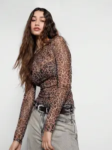 Leopard Print Mesh Long Sleeve Top, Transparent Mesh Fabric, Slim Fit Elastic Design, Round Neck Fitted Base Layer