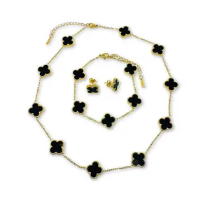 Clover in mother of pearl 18k Gold Plated Jewelry Set, Earrings, Necklace & Bracelet. Clover Necklace is adjustable fine finish