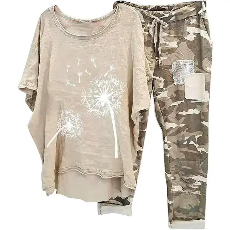 Women's Plus Size 2-Piece Cotton-Linen Lounge Set, Curvy Clothing for Travel - Casual Summer Outfit with Round Neck Top, Loose Jogger Pants (2XL Available), 2 Piece Sets