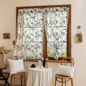1pc Country Cottage Floral Butterfly Embroidered Breathable Curtain, Rod Pocket Hanging, Suitable for Living Room Bedroom Balcony Kitchen Decor