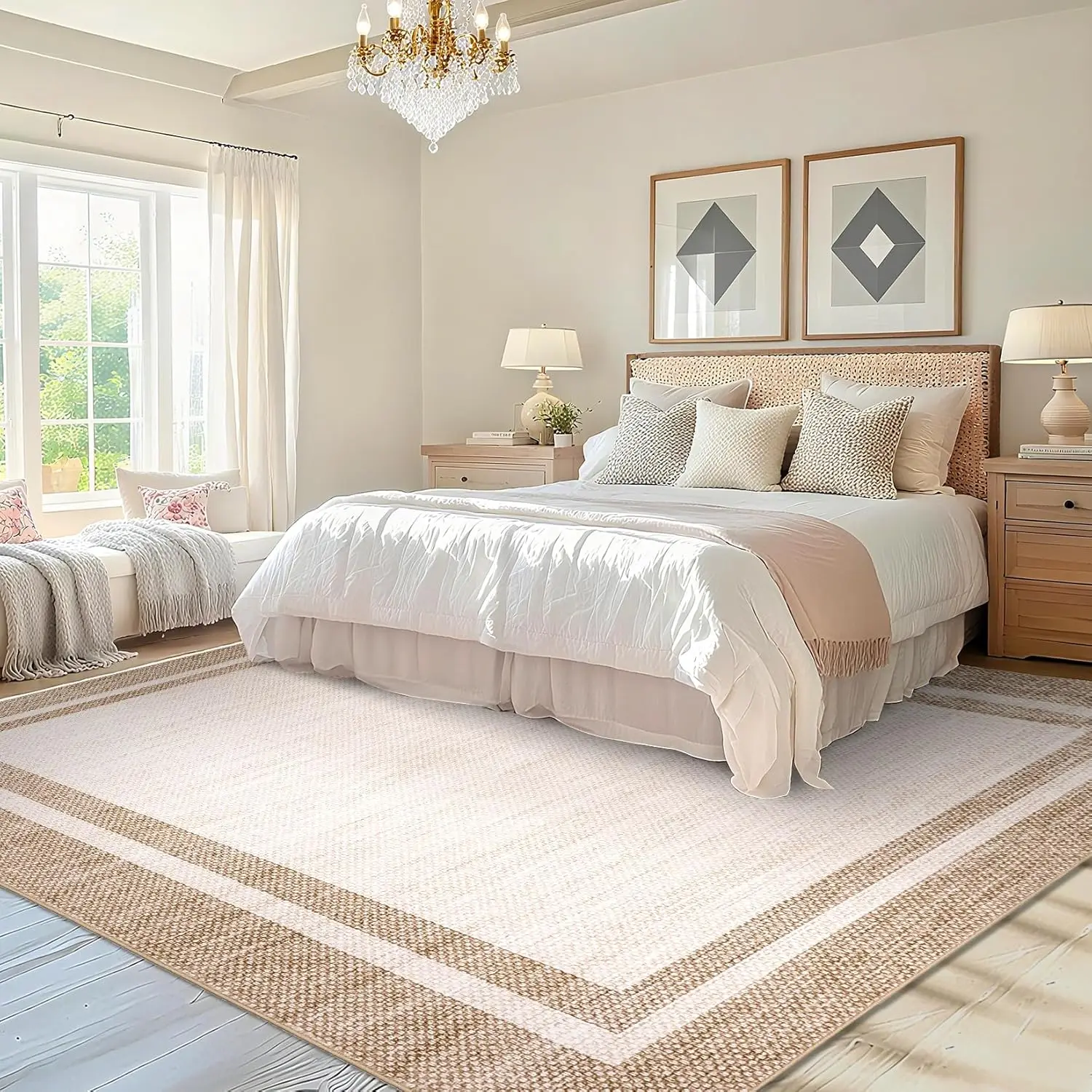 5x7 Area Rugs for Living Room Washable Rug Border Rug for Bedroom Modern Throw Rugs Stain Resistant Throw Carpet Low Pile Floor Cover for Office Dining Room Nursery Beige, Living Room Rugs, Minimalist
