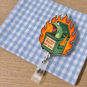 The Horrors Persist Frog Retractable ID Badge Reel | Funny Chaotic Work Office Card Holder for Employees | Cute Dumpster Fire Acrylic Badges Clip | Sassy Corporate Humor Lanyard Accessory