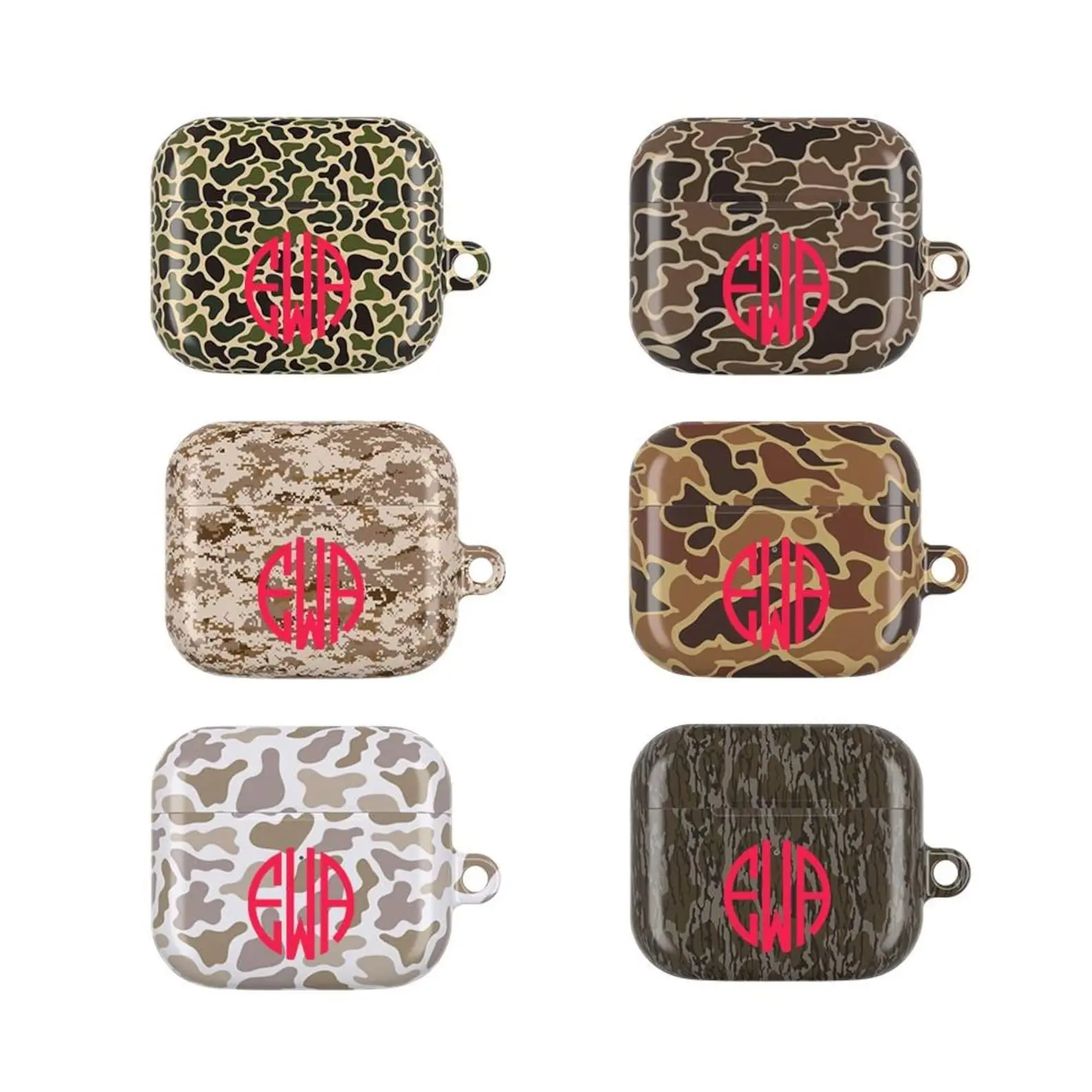 New Camo Rechargeable QI Wireless Charging Case - Custom Monogram, Personalized Name, Heavy Duty Polycarbonate Cover with Protection, Slim-Fit Shockproof Carabiner, Secure Accessory for 1/2/3/4 & Pro 1/2 In-Ear Earbuds (None Included), Custom Print