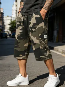Men's Camo Cargo Shorts, Drawstring Waist Loose Fit, Multi-Pocket Design, Mid Waist Capri Pants, Summer Street Style