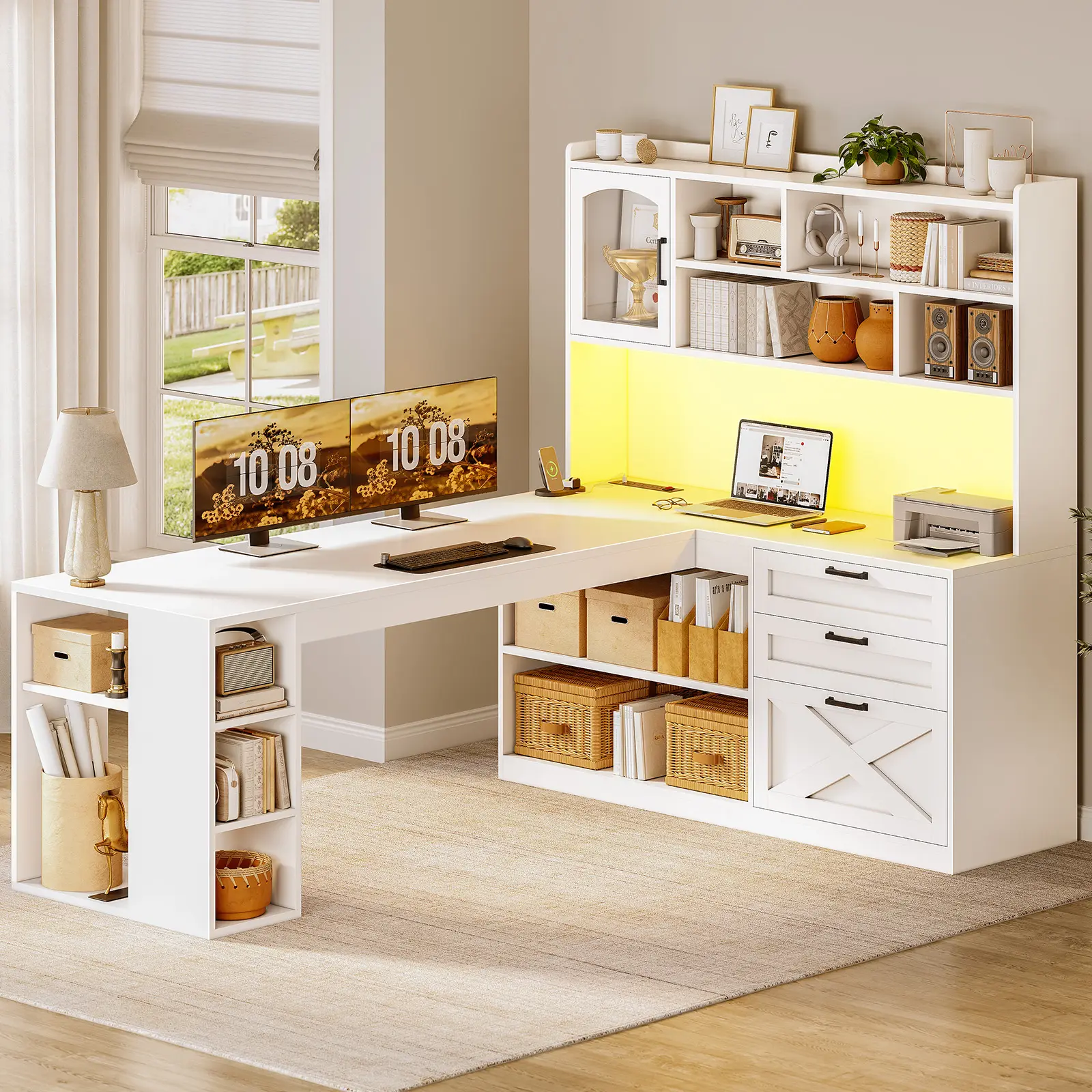 Sedeta Farmhouse Sturdy Computer Desk - 61-in L-Shaped Wood Home Office Corner Workstation with Drawers, Storage Platform, Shelves, Built-in USB Outlet, Surge Protector, LED Lights, Glass Display Cabinet, Storage Drawer Platform, Drawers Organization
