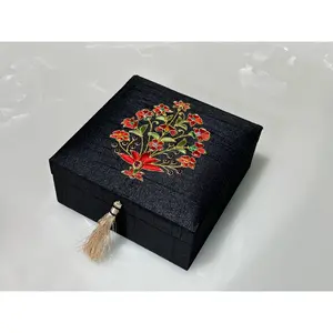 6" x 6" Black Silk Keepsake Box with Red Zardozi Embroidery and Gemstones