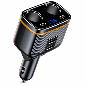 Car Charger Adapter 145W, 12V-24V Cigarette Lighter Splitter with Dual Sockets, PD45W USB-C Fast Charging Ports, LED Voltage Display, Adjustable Multi-Port Power Hub for Phone Tablet GPS Dash Cam