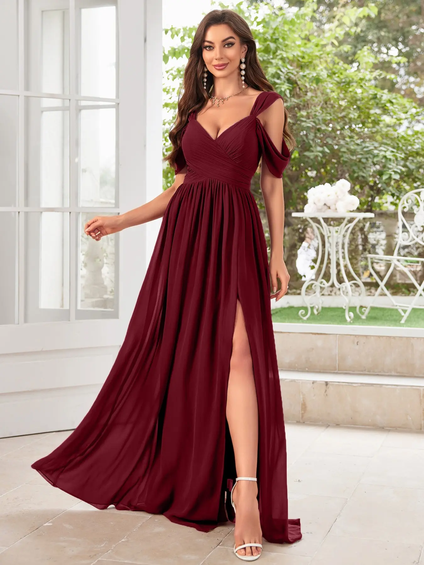 Elegant Statement V-Neck Backless Midi Dress for Women, Formal Dress, Womenswear, Flowing Chiffon Material, High Split Design, Chic, Maxi, Perfect for Bridesmaids & Special Occasions