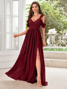 Elegant V-Neck Backless Midi Dress for Women, Womenswear, Flowing Chiffon Material, High Split Design, Perfect for Bridesmaids & Special Occasions