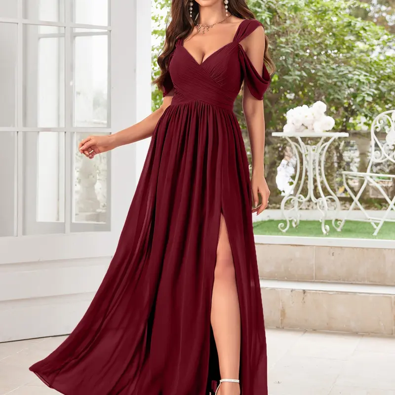 Elegant Statement V-Neck Backless Maxi Dress for Women, Formal Bridesmaid Dress, Gown Elegance, Flowing Chiffon Material, High Split Design, Perfect for Bridesmaids & Special Occasions