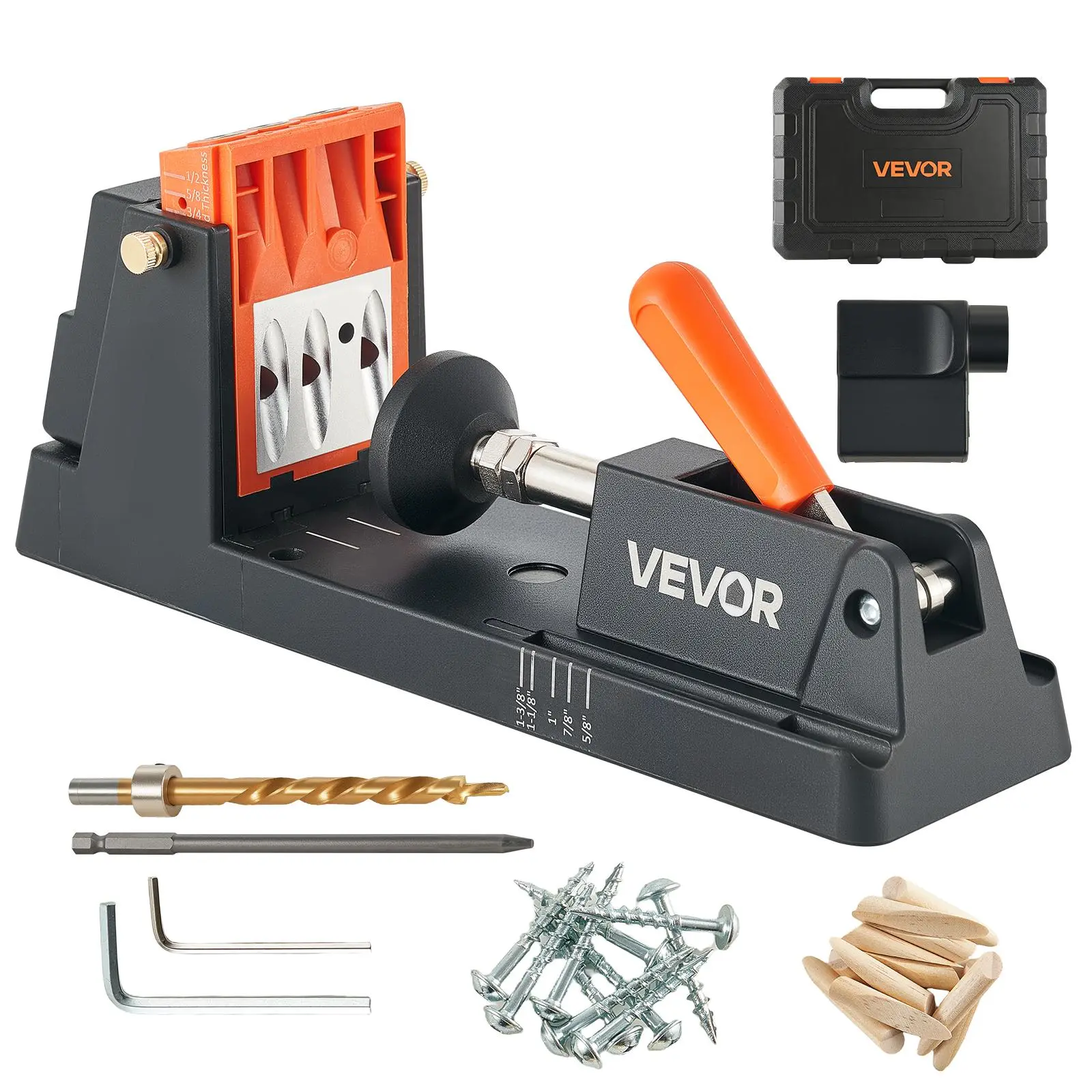 【summerfinds】VEVOR Pocket Hole Jig Kit, 1/2" to 1-1/2" Adjustable, Lightweight Jig Pocket Hole System with Dust Collection Adapter, Detachable Guide Block, Drill Bit, Stop Collar, Easy Adjusting, for Woodworking, 10 Pocket-Hole Screws