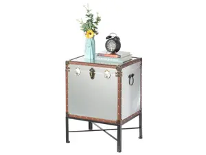 Vintiquewise QI003796.SI 25 x 18 x 14.5 in. Trimmed Faux Leather Lockable Square Lined Storage Trunk on Metal Stand, Silver & Brown