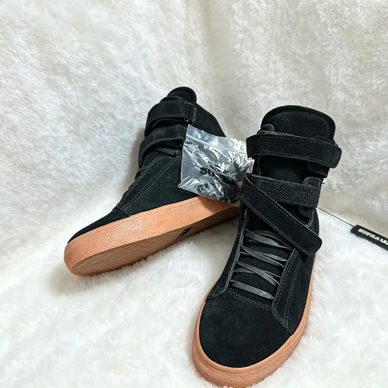 Supra TK Society Men's High Top Skateboard Shoes Black Orange Full Suede Iridescent Outsole Velcro