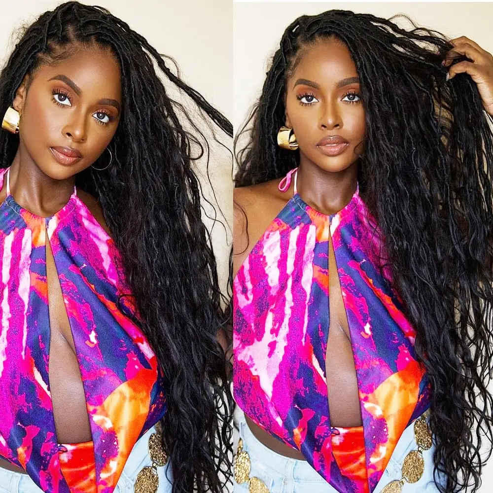 Pre-Looped Crochet Boho Goddess Locs Body Wave Boho Faux Locs With Human Hair Curls Pre Looped Crochet Boho Braiding Boho Locs Crochet Hair Human Hair Wavy End Goddess Locs Crochet Hair Extensions for Black Women Natural Color Each Pack 24Locs