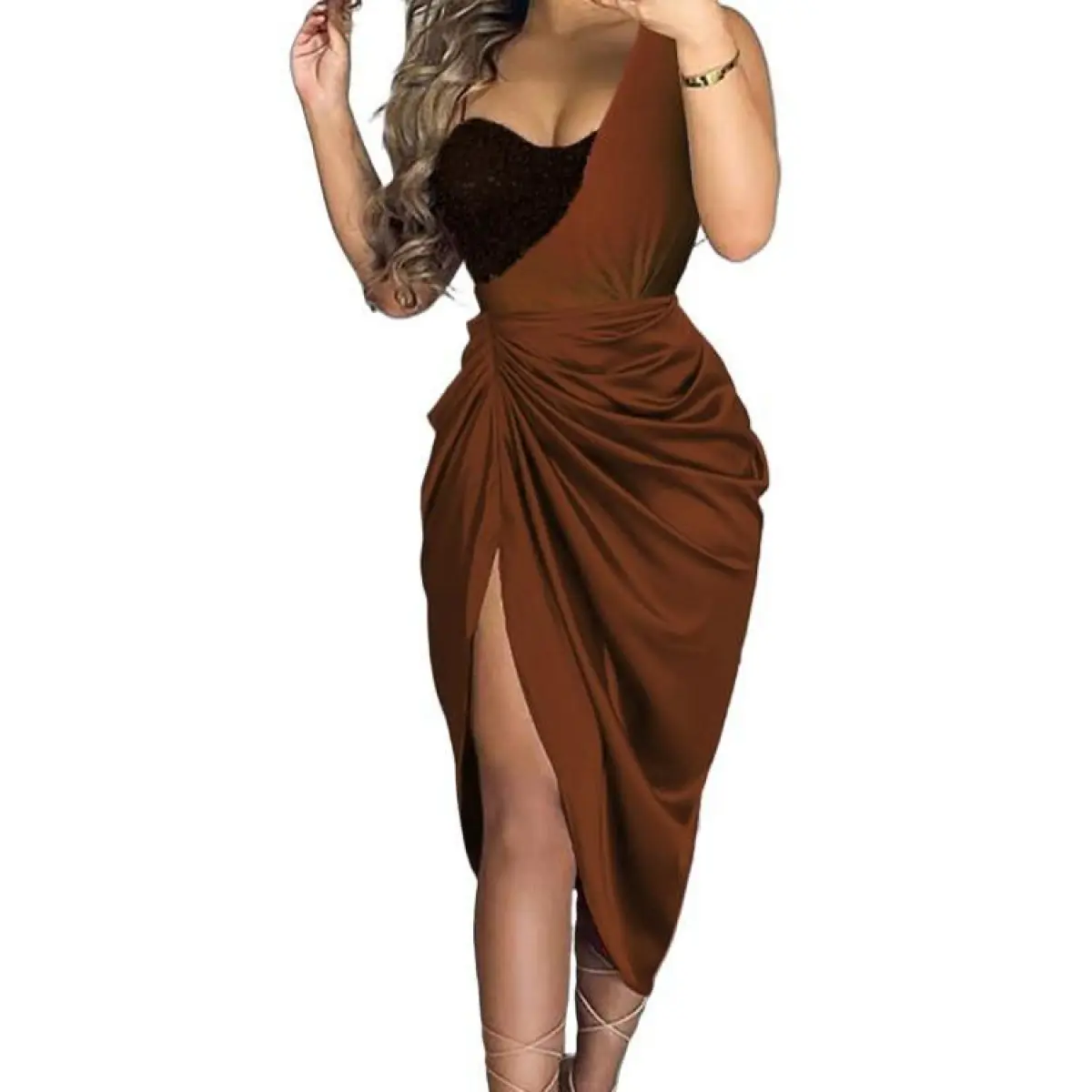 Women's Solid Polyester 1-Shoulder Sleeveless Ruched Embellished Slit Long Dress - Chic Formal Piece, Elegant Style for Wedding Guests, Night Out Events