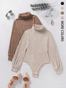 Women's Ribbed High Neck Long Sleeve Slim Fit Bodysuit Set, Casual Daily Wear, Comfortable and Versatile, Perfect for All Seasons, Womenswear